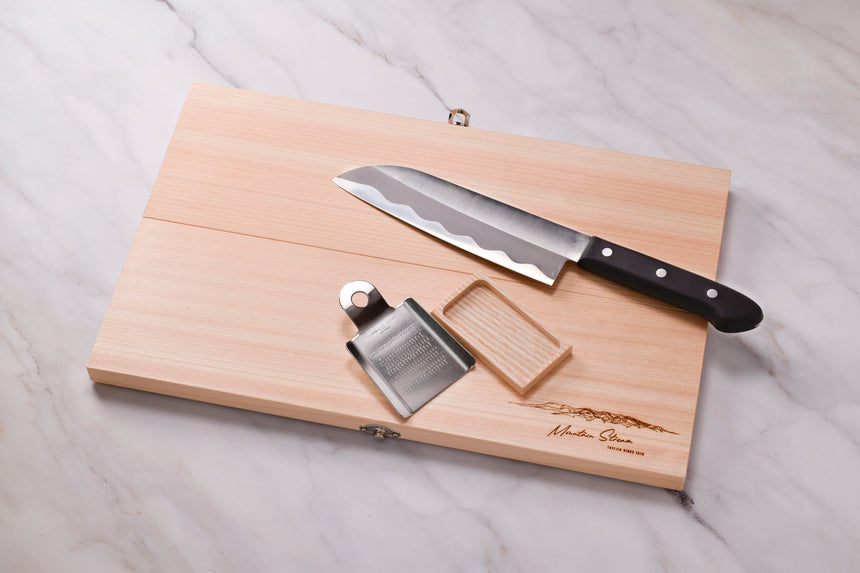 A Handcrafted Wooden Hinoki Cutting Board Set (Cutting Board, Knife, Grater)