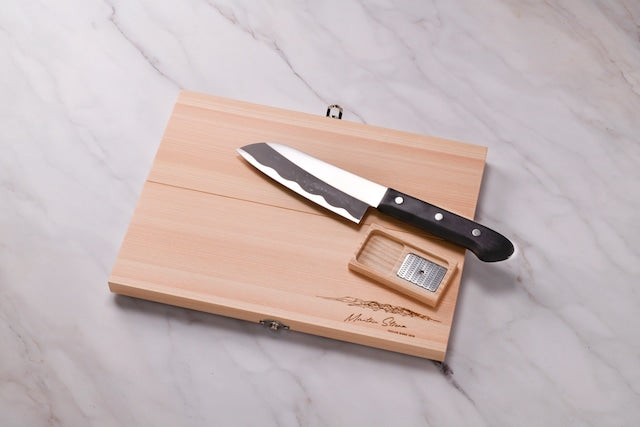 A Handcrafted Wooden Hinoki Cutting Board Set (Cutting Board, Knife, Grater)